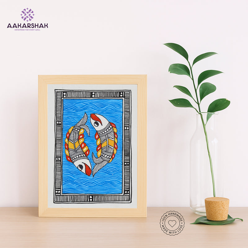 Handmade Madhubani fish painting-with tabletop stand for home decor