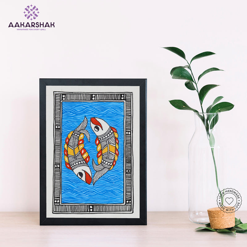 Handmade Madhubani fish painting-with tabletop stand for home decor
