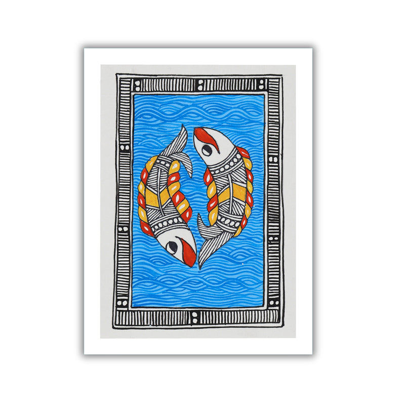 handmade madhubani painting fish-in vibrant traditional folk art style