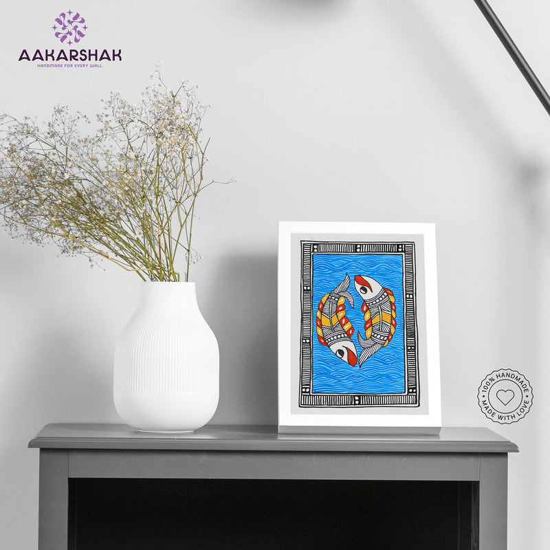 Handmade Madhubani fish painting-with tabletop stand for home decor