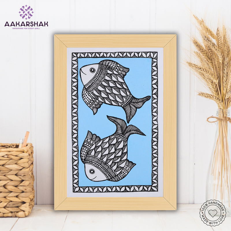 handmade madhubani painting fish painting-with tabletop stand for home decor