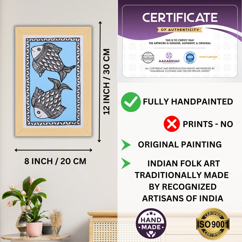 Decorative handmade art with dimensions and authenticity certificate -iso certified fish madhubani painting