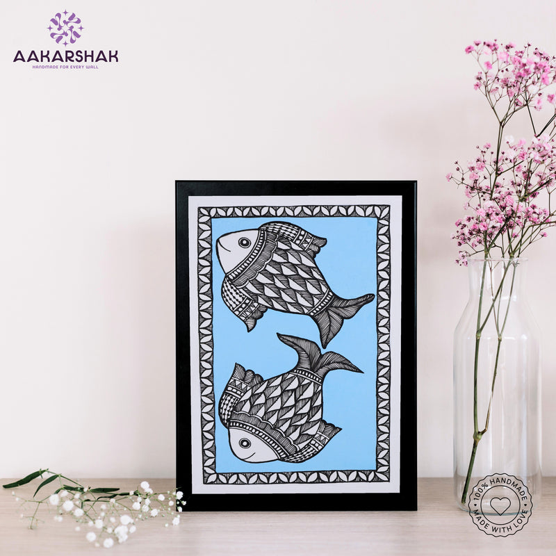 handmade madhubani painting fish painting-with tabletop stand for home decor