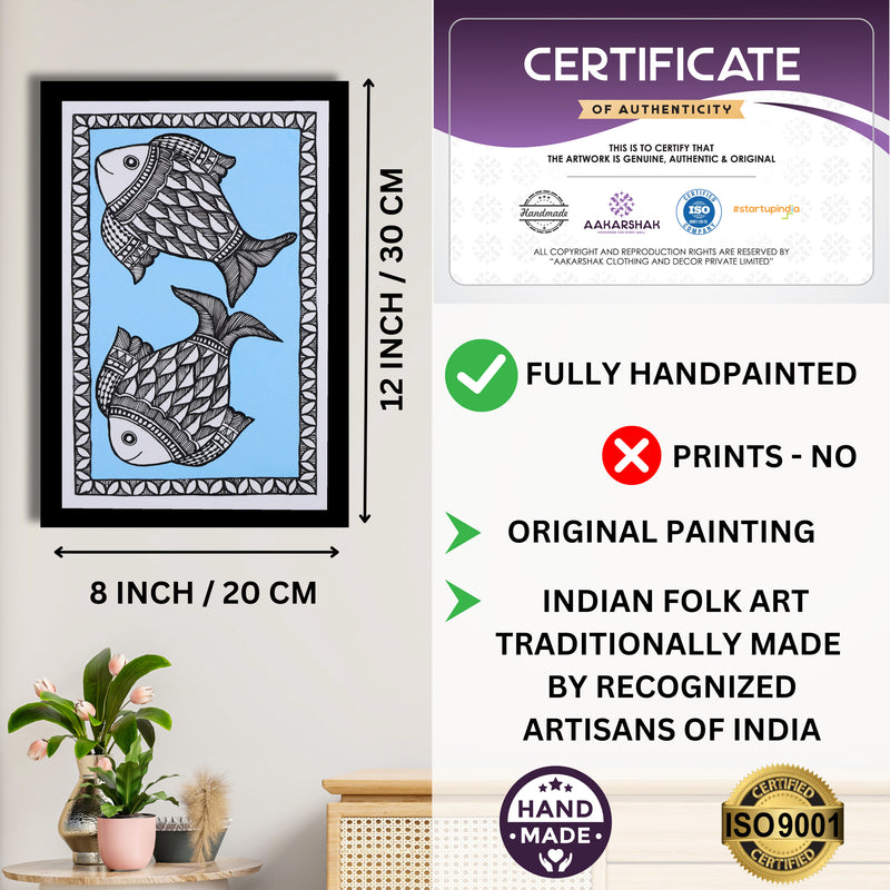 Decorative handmade art with dimensions and authenticity certificate -iso certified fish madhubani painting