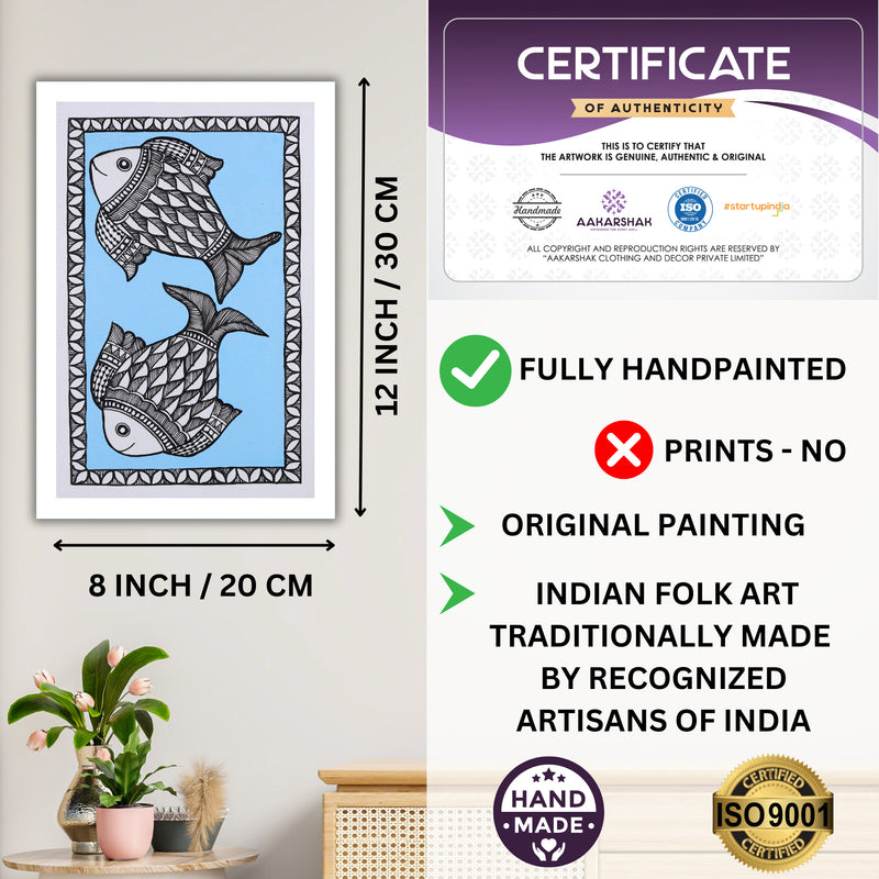 Decorative handmade art with dimensions and authenticity certificate -iso certified fish madhubani painting