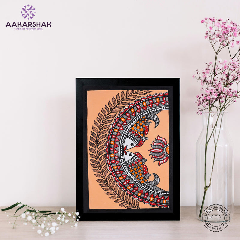 handmade madhubani painting fish painting-with tabletop stand for home decor
