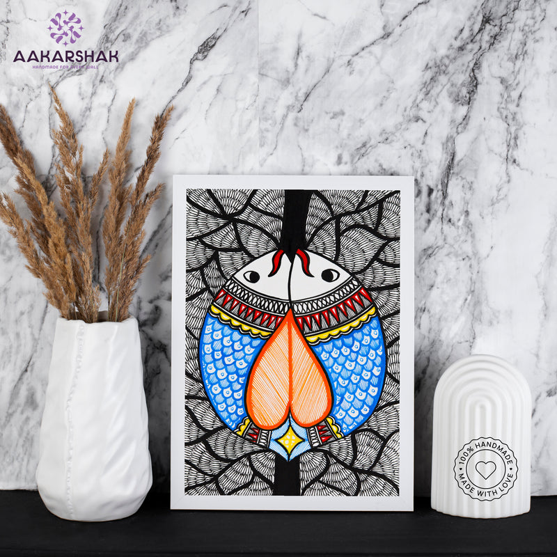 handmade madhubani painting fish painting-with tabletop stand for home decor