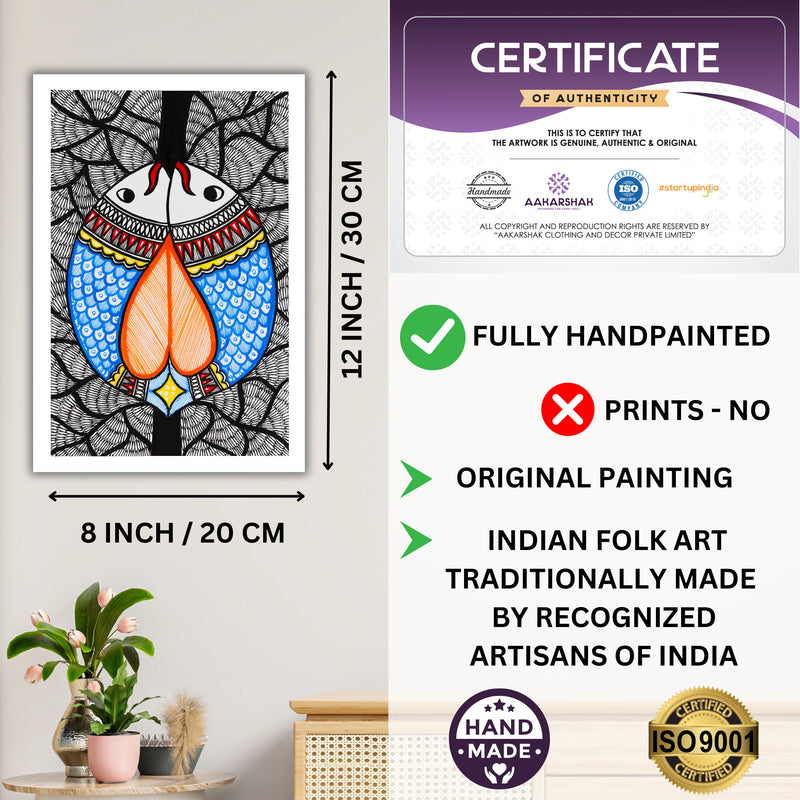 Decorative handmade art with dimensions and authenticity certificate -iso certified fish madhubani painting