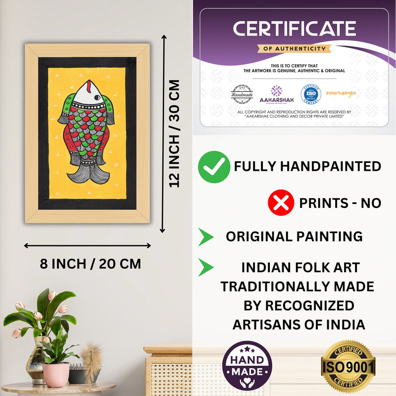 Decorative handmade art with dimensions and authenticity certificate -iso certified fish madhubani painting