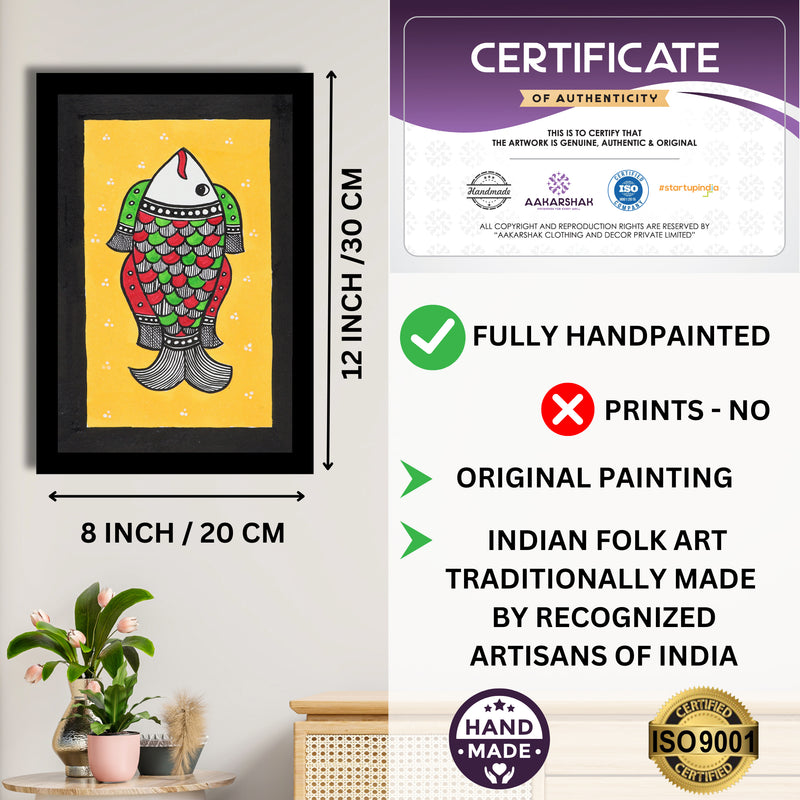 Decorative handmade art with dimensions and authenticity certificate -iso certified fish madhubani painting