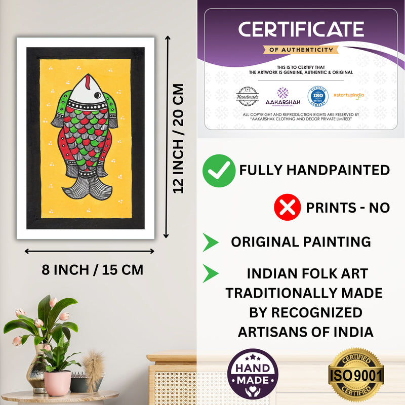 Decorative handmade art with dimensions and authenticity certificate -iso certified fish madhubani painting