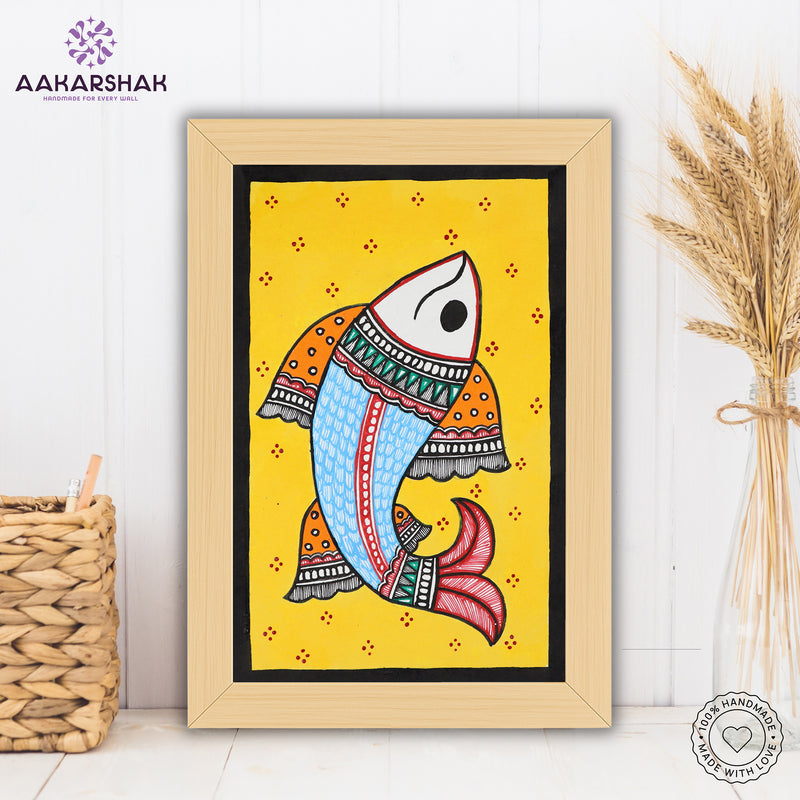 handmade madhubani painting fish painting-with tabletop stand for home decor