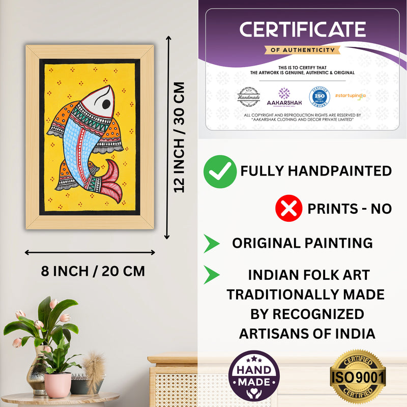 Decorative handmade art with dimensions and authenticity certificate -iso certified fish madhubani painting