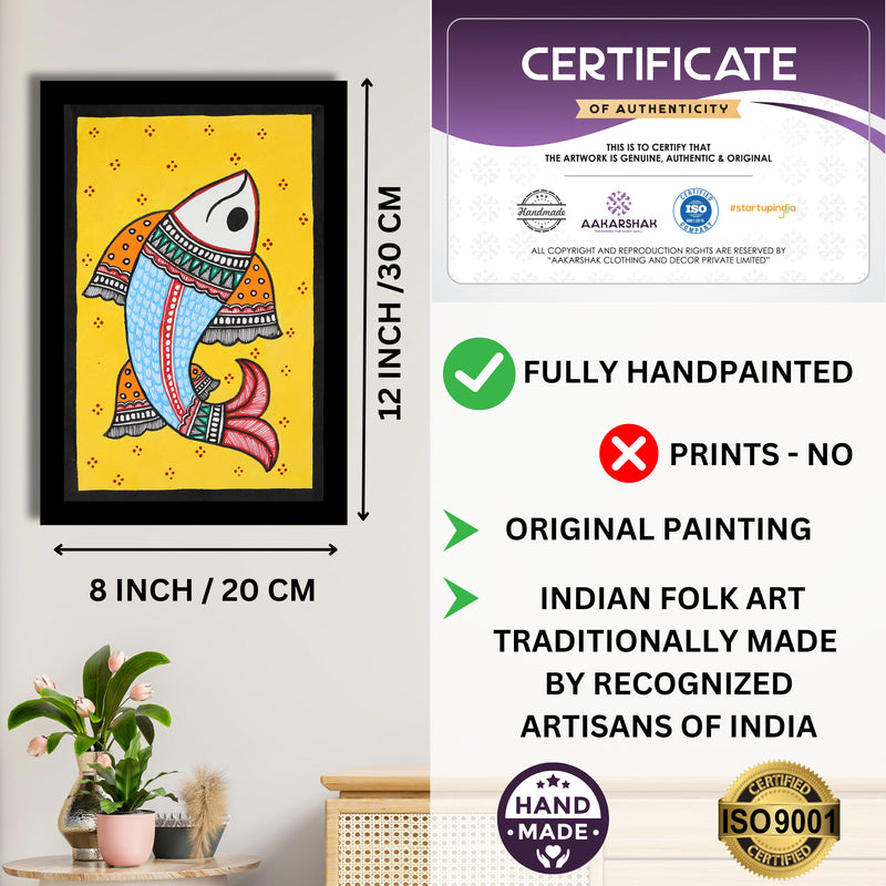Decorative handmade art with dimensions and authenticity certificate -iso certified fish madhubani painting