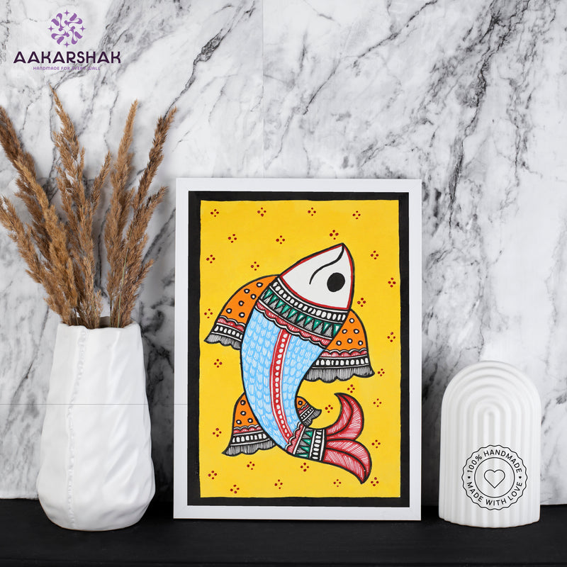 handmade madhubani painting fish painting-with tabletop stand for home decor