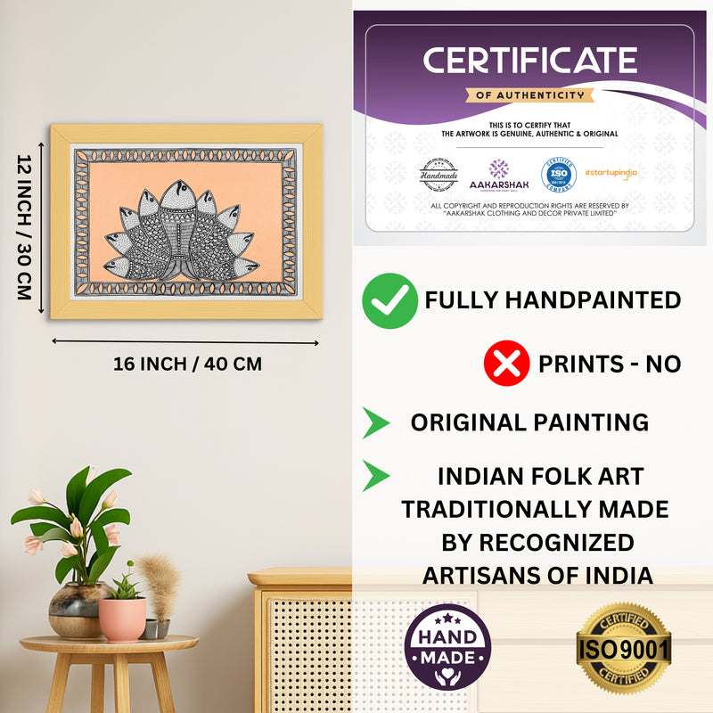 Framed artwork with dimensions, authenticity certificate and handmade iso certified-radha madhubani painting
