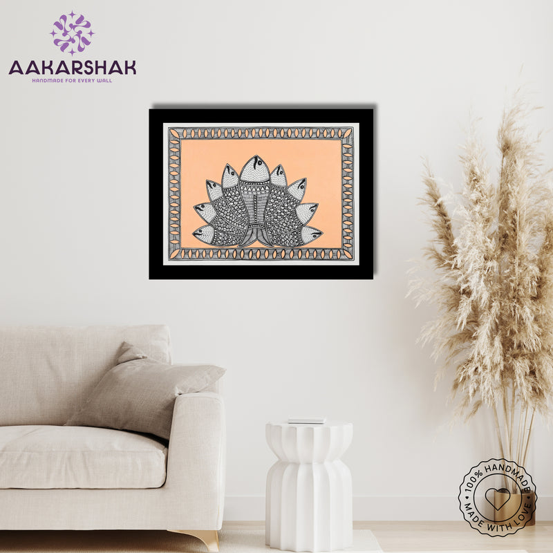 Framed artwork with fish design -handmade madhubani painting for home decor