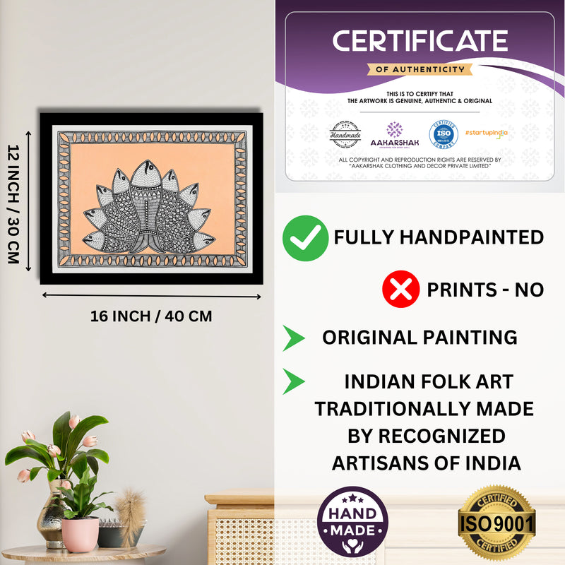 Framed artwork with dimensions, authenticity certificate and handmade iso certified-radha madhubani painting
