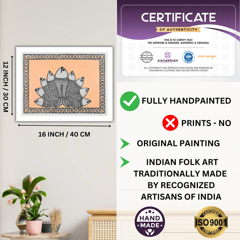 Framed artwork with dimensions, authenticity certificate and handmade iso certified-radha madhubani painting