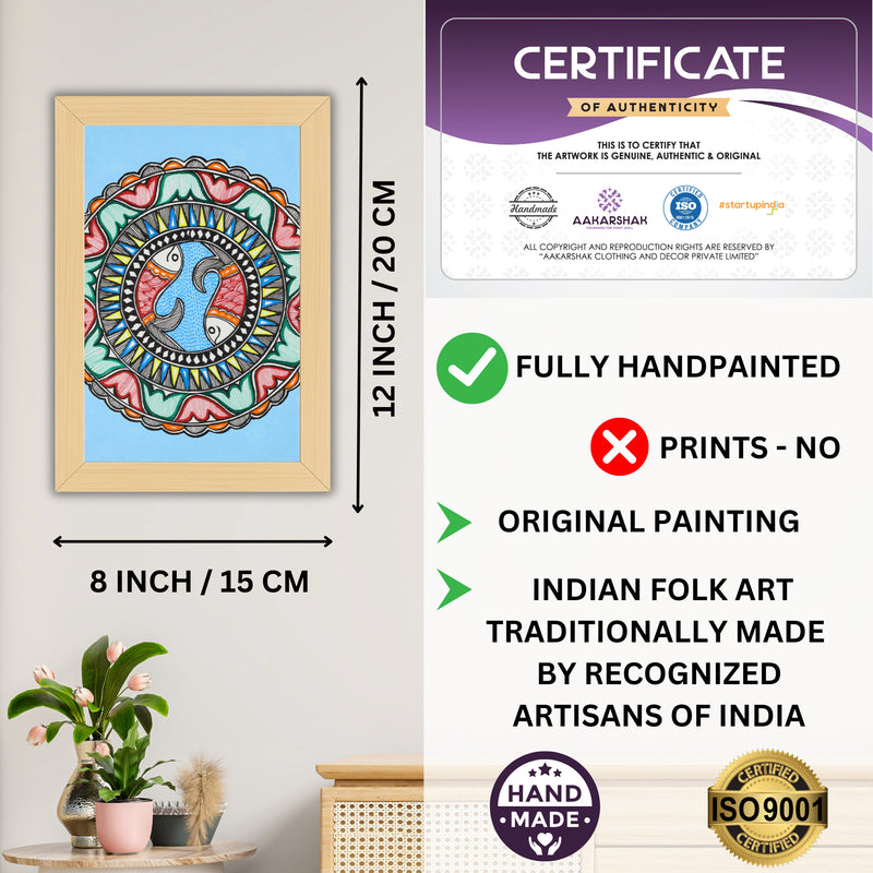 Decorative handmade art with dimensions and authenticity certificate -iso certified fish madhubani painting