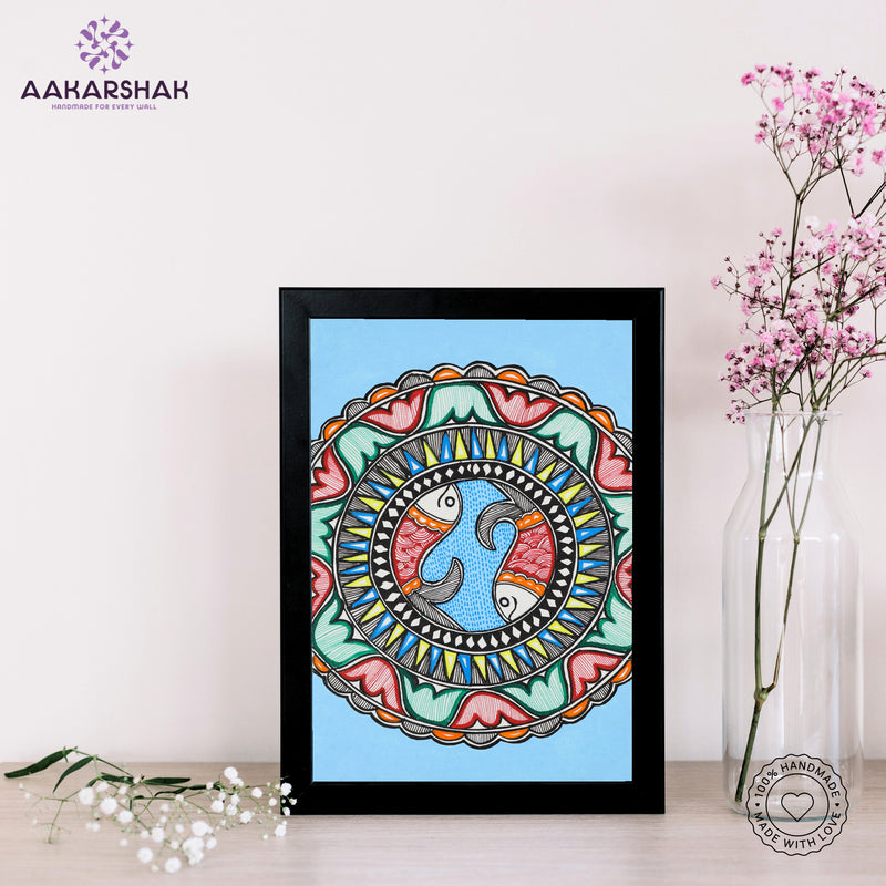 handmade madhubani painting fish painting-with tabletop stand for home decor