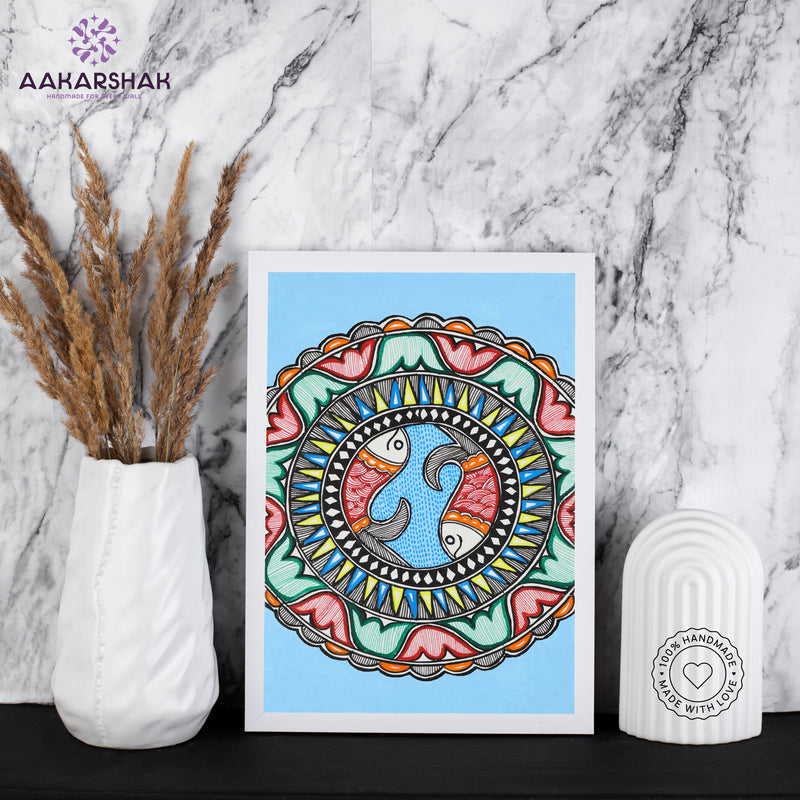 handmade madhubani painting fish painting-with tabletop stand for home decor