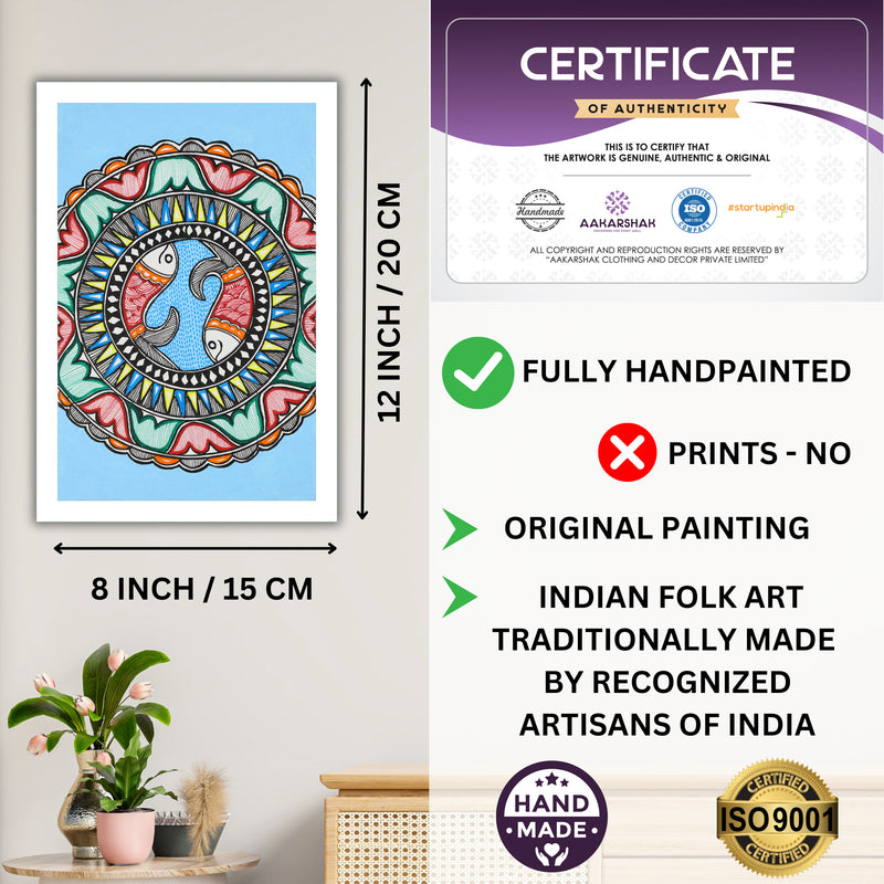 Decorative handmade art with dimensions and authenticity certificate -iso certified fish madhubani painting
