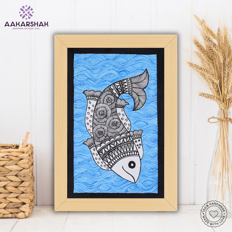 handmade madhubani painting fish painting-with tabletop stand for home decor