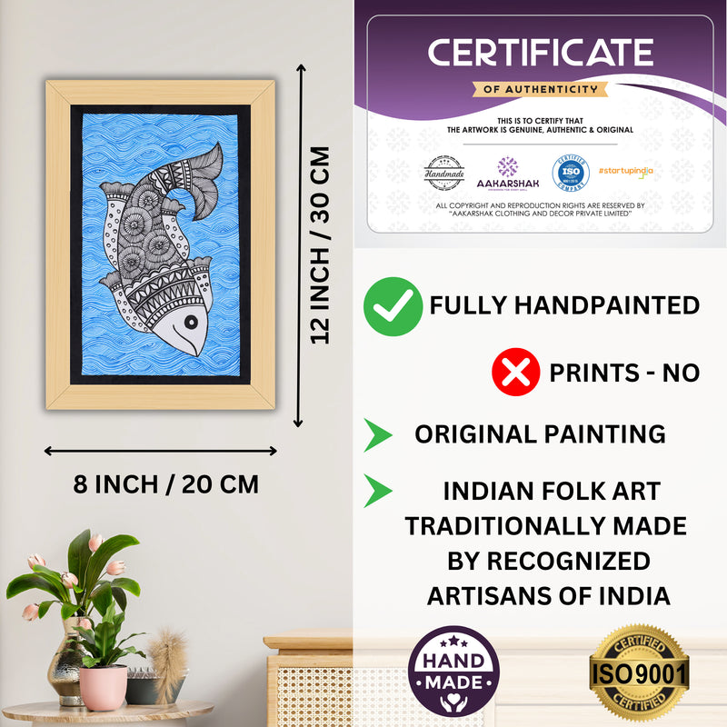 Decorative handmade art with dimensions and authenticity certificate -iso certified fish madhubani painting