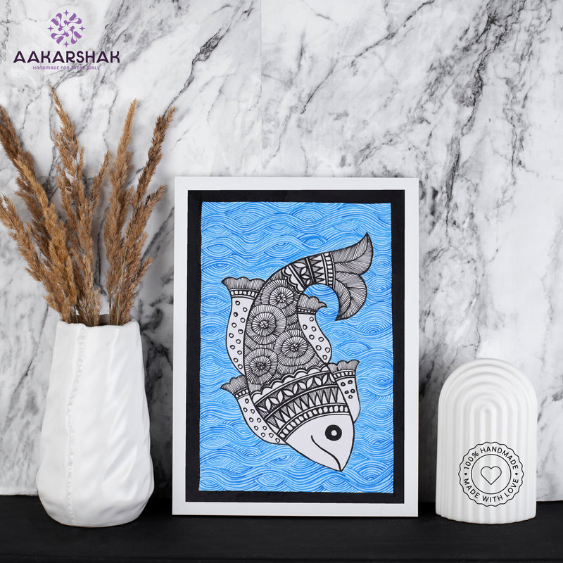 handmade madhubani painting fish painting-with tabletop stand for home decor