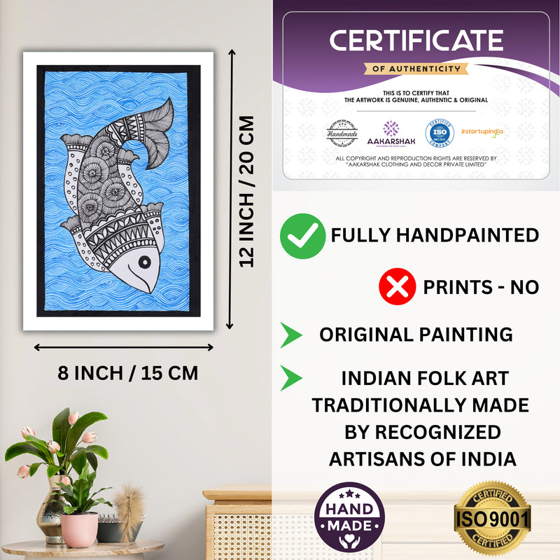 Decorative handmade art with dimensions and authenticity certificate -iso certified fish madhubani painting