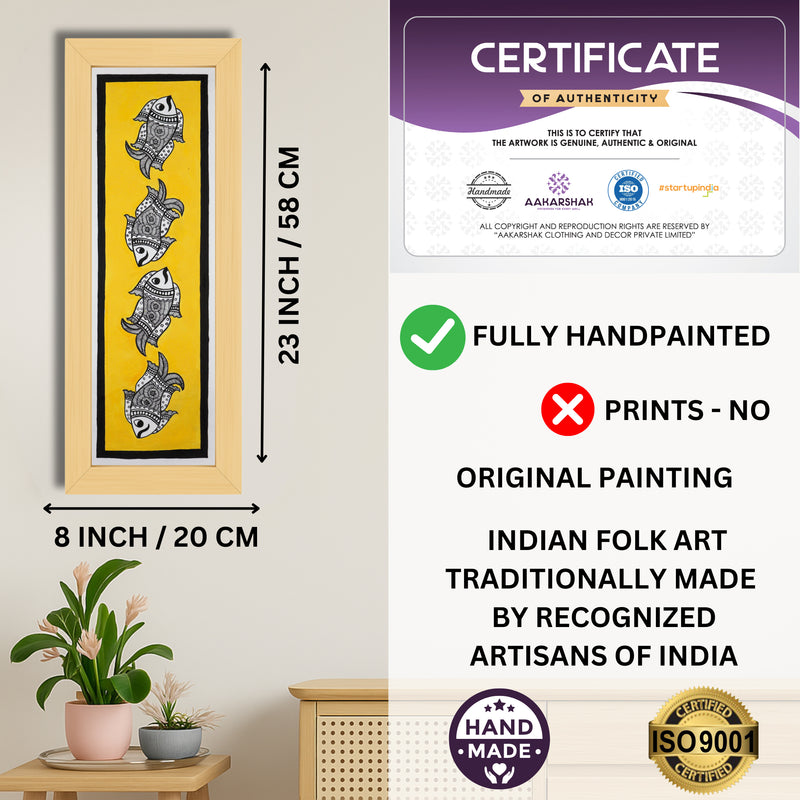 Framed artwork with dimensions, authenticity certificate and handmade iso certified-fish madhubani painting