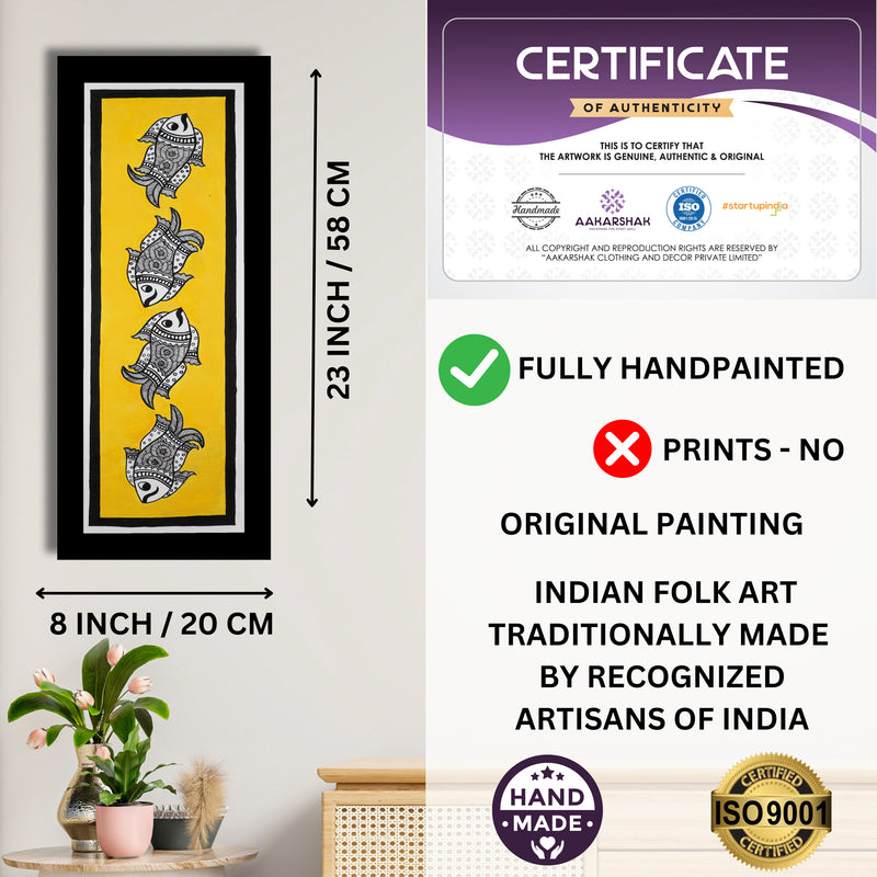 Framed artwork with dimensions, authenticity certificate and handmade iso certified-fish madhubani painting