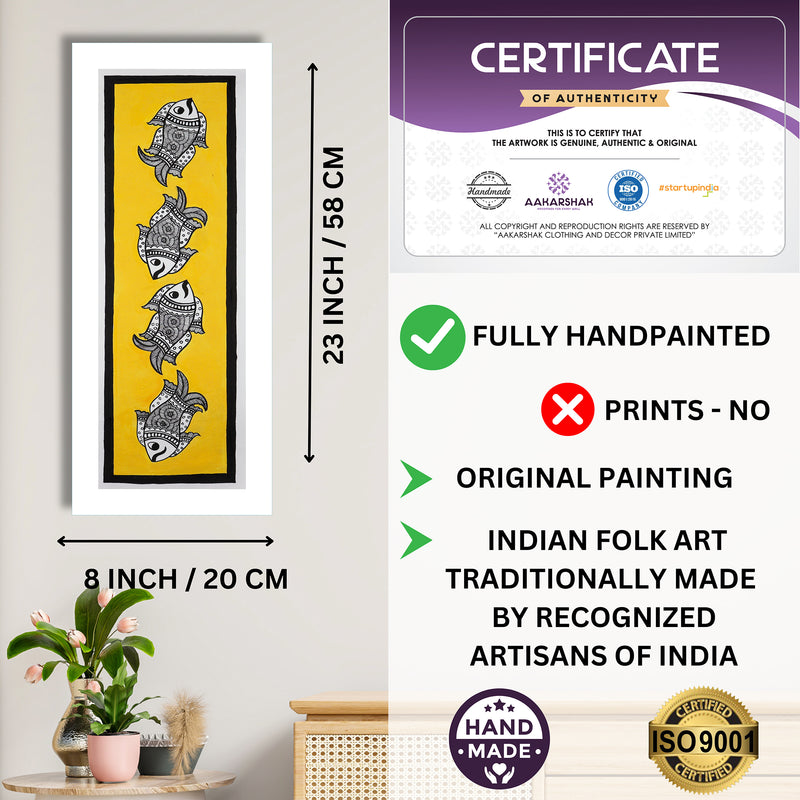 Framed artwork with dimensions, authenticity certificate and handmade iso certified-fish madhubani painting