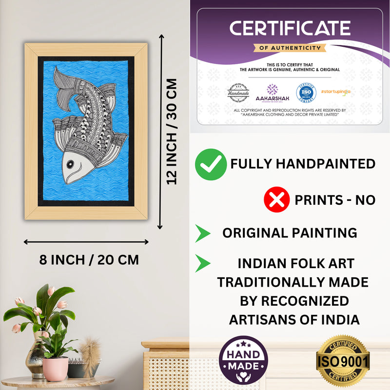 Decorative handmade art with dimensions and authenticity certificate -iso certified fish madhubani painting