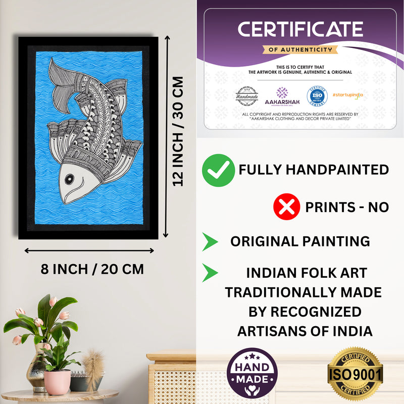 Decorative handmade art with dimensions and authenticity certificate -iso certified fish madhubani painting