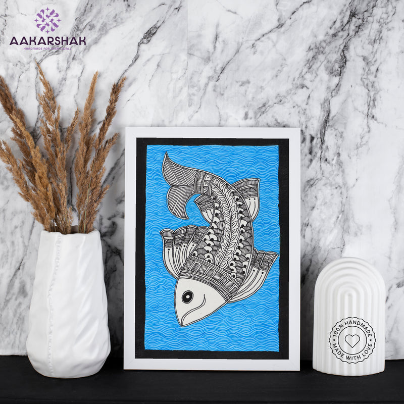 handmade madhubani painting fish painting-with tabletop stand for home decor