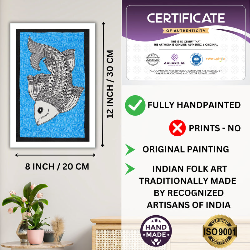 Decorative handmade art with dimensions and authenticity certificate -iso certified fish madhubani painting