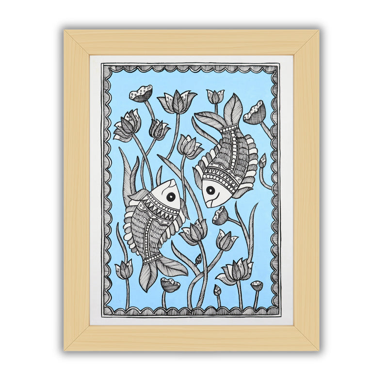 Framed artwork of a colorful fish-with handmade madhubani painting