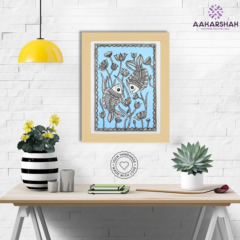 Framed artwork with fish design -handmade madhubani painting for home decor