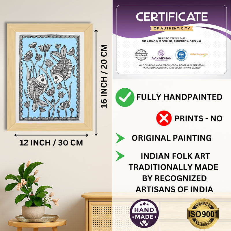Framed artwork with dimensions, authenticity certificate and handmade iso certified-fish madhubani painting