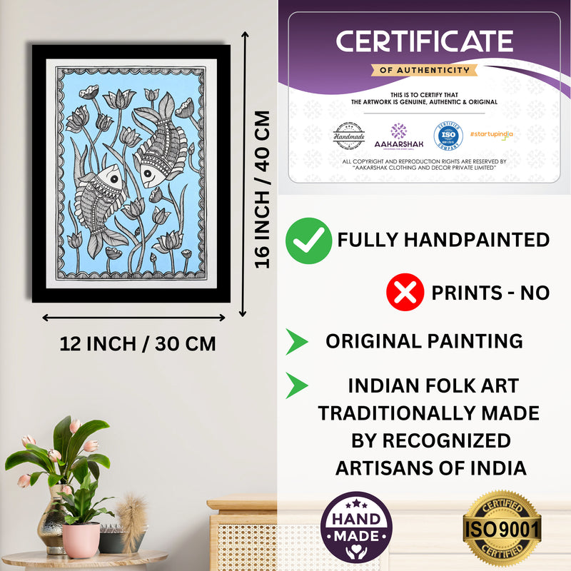 Framed artwork with dimensions, authenticity certificate and handmade iso certified-fish madhubani painting