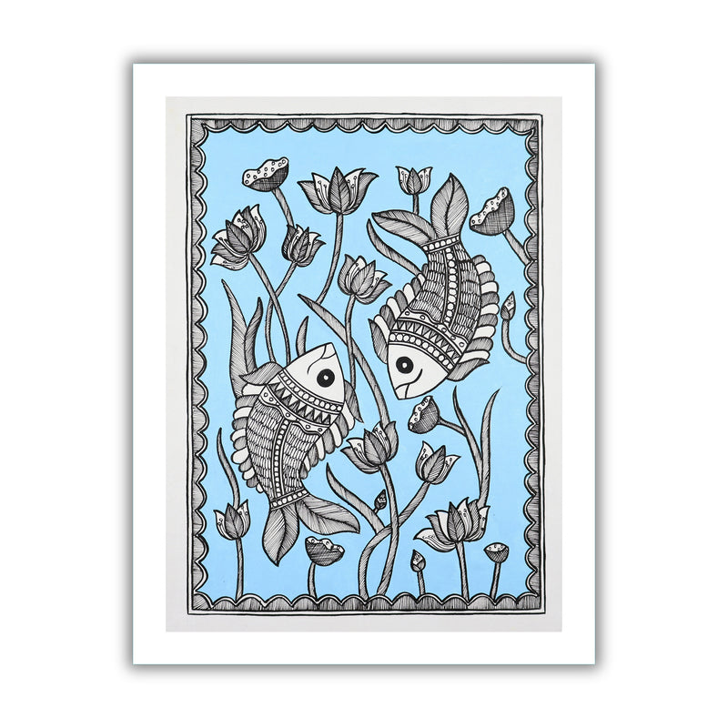 Framed artwork of a colorful fish-with handmade madhubani painting