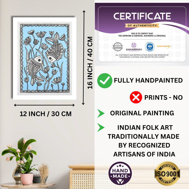 Framed artwork with dimensions, authenticity certificate and handmade iso certified-fish madhubani painting