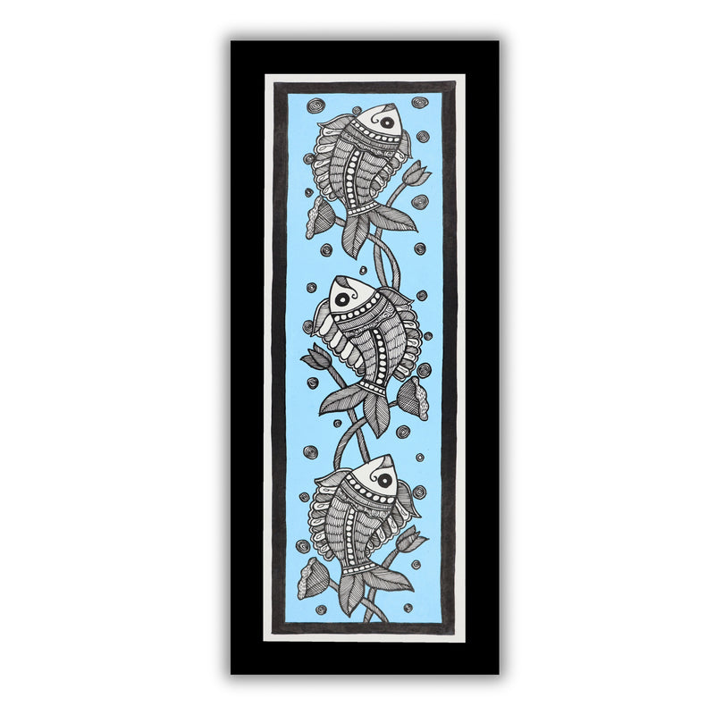 Framed artwork of a colorful fish-with handmade madhubani painting