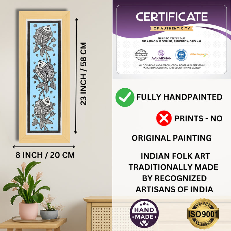 Framed artwork with dimensions, authenticity certificate and handmade iso certified-fish madhubani painting