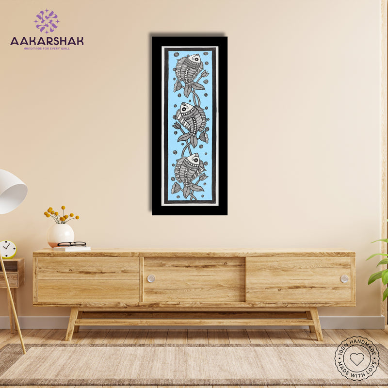 Framed artwork with fish design -handmade madhubani painting for home decor