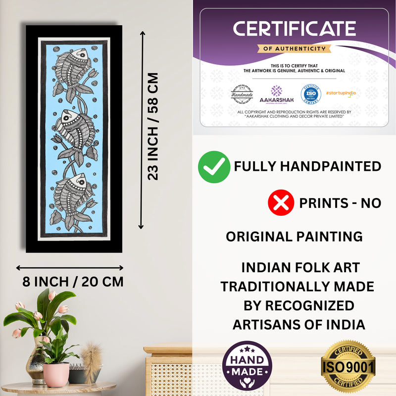 Framed artwork with dimensions, authenticity certificate and handmade iso certified-fish madhubani painting