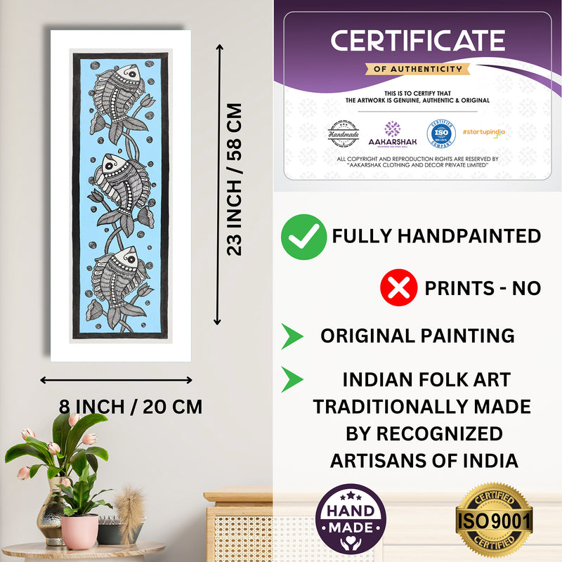 Framed artwork with dimensions, authenticity certificate and handmade iso certified-fish madhubani painting