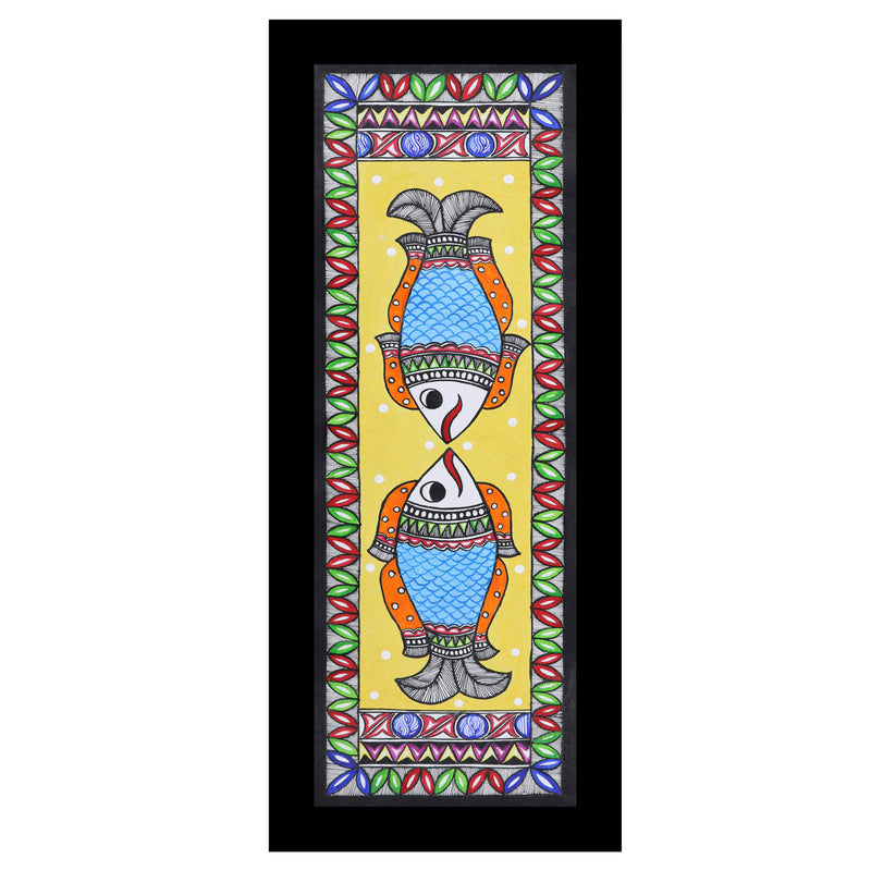 Framed artwork of a colorful fish-with handmade madhubani painting